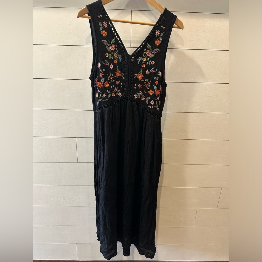 World Market Floral Embroidered Black Gauze Dress- size L/XL